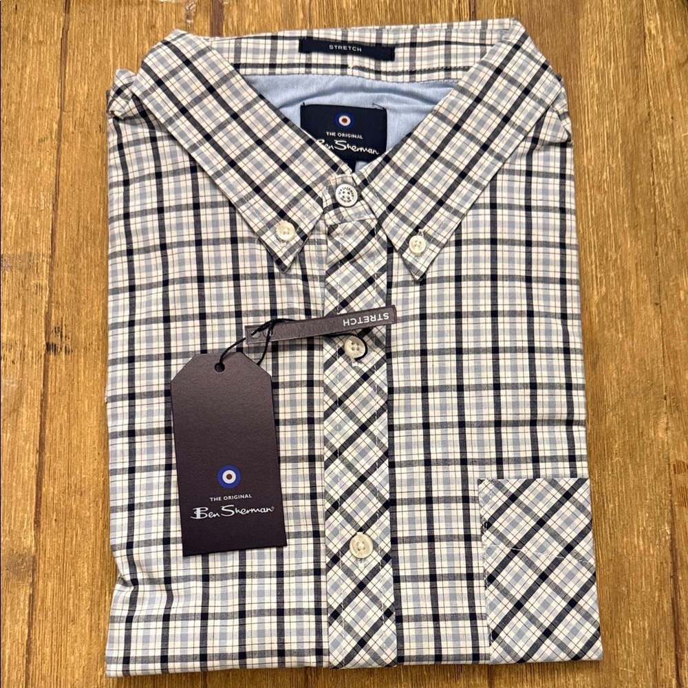 Ben Sherman Men's Checkered Short Sleeve Shirt - Black, Blue and Cream